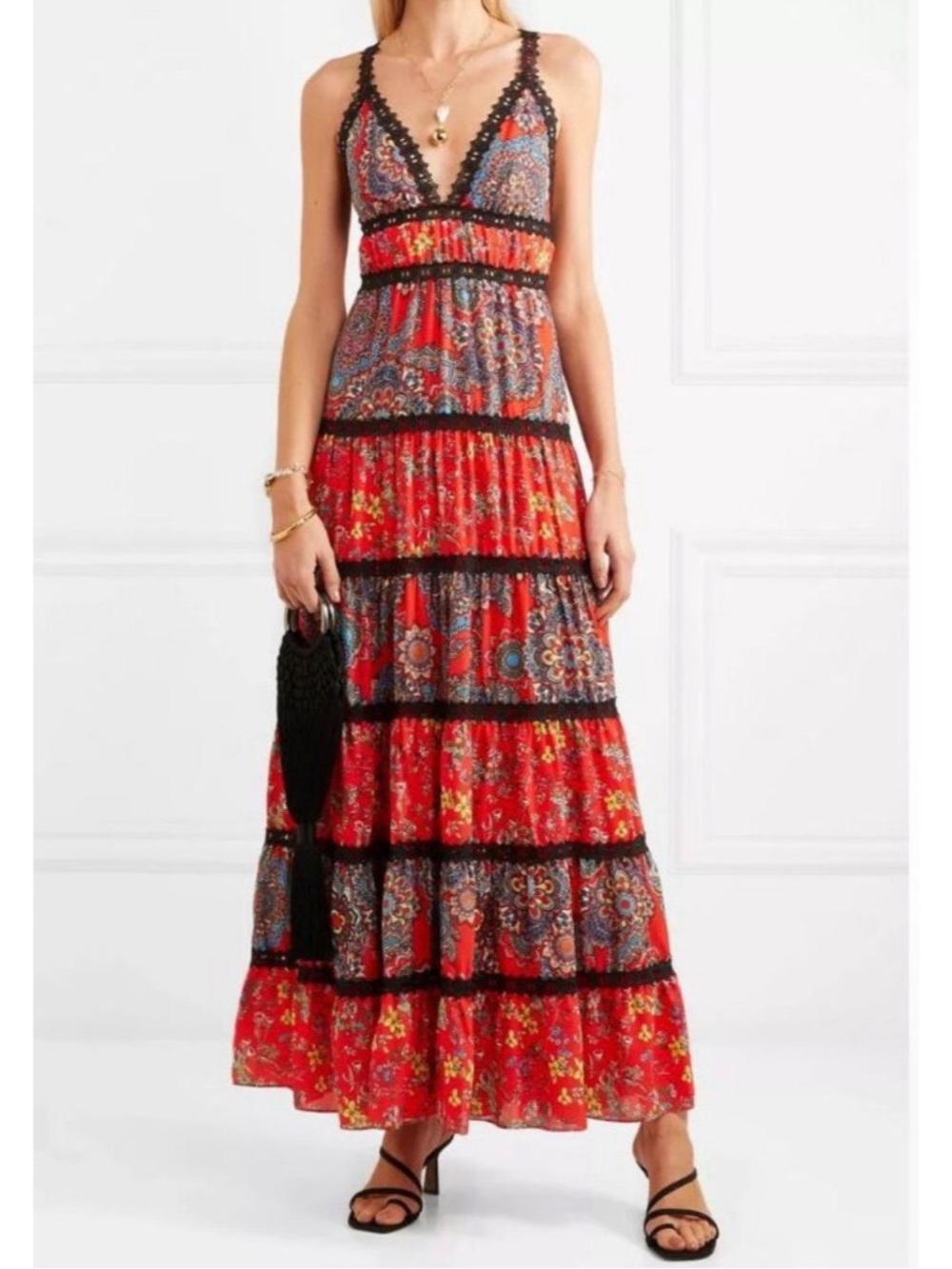 Alice + Olivia Karolina Tiered Maxi Dress Size 4 Red Paisley Lace Whimsigoth